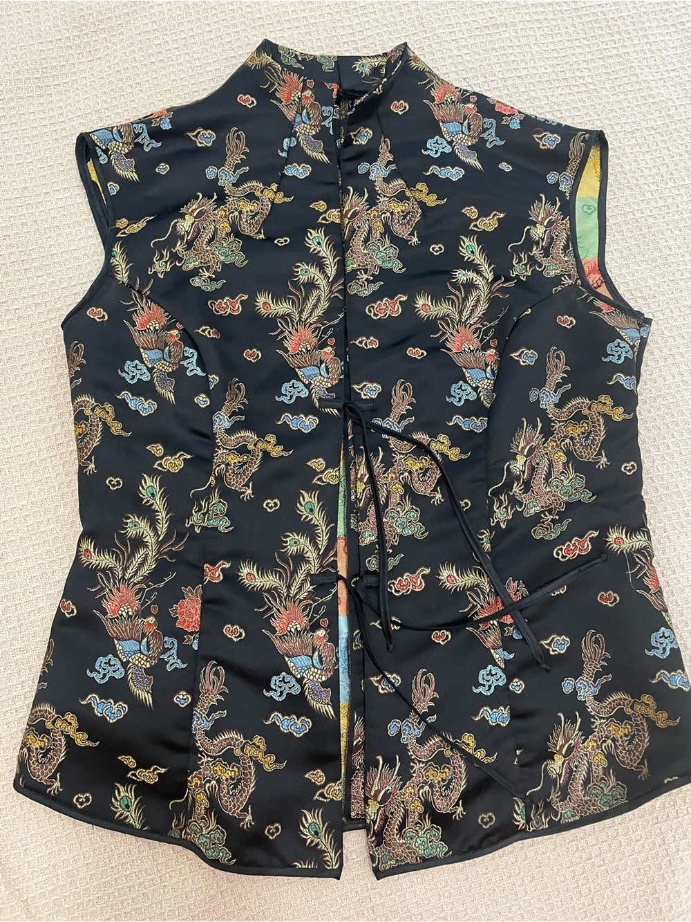 Black Dragon Print Quilted Tie Front Vest